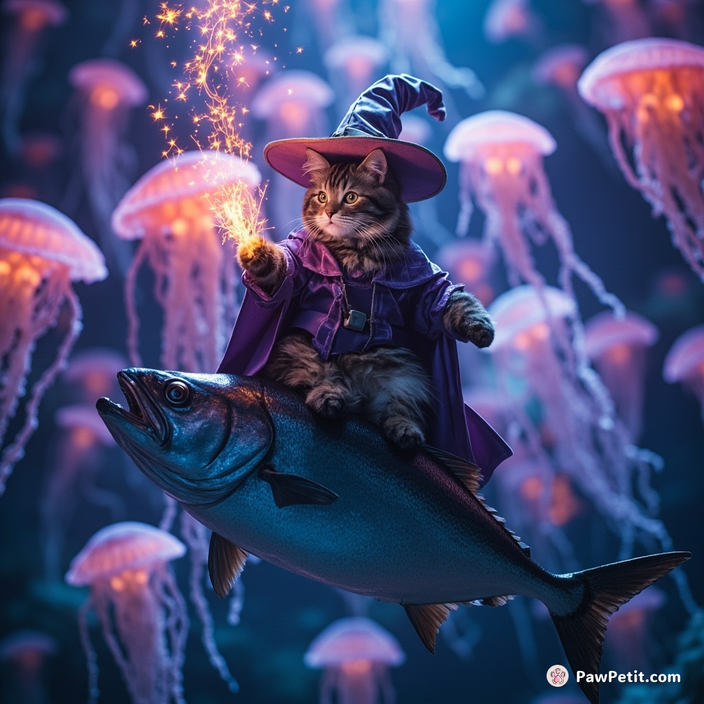 Cat dressed as a wizard, casting spells from atop of a giant floating tuna in the midst of neon lit cosmic jellyfish forest.