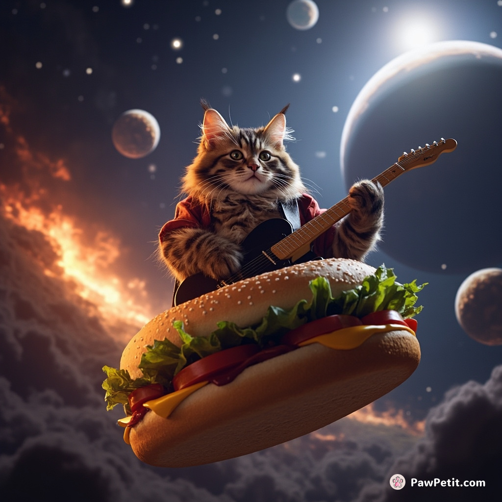 Cat performing a rock concert on a flying cheeseburger in outer space.