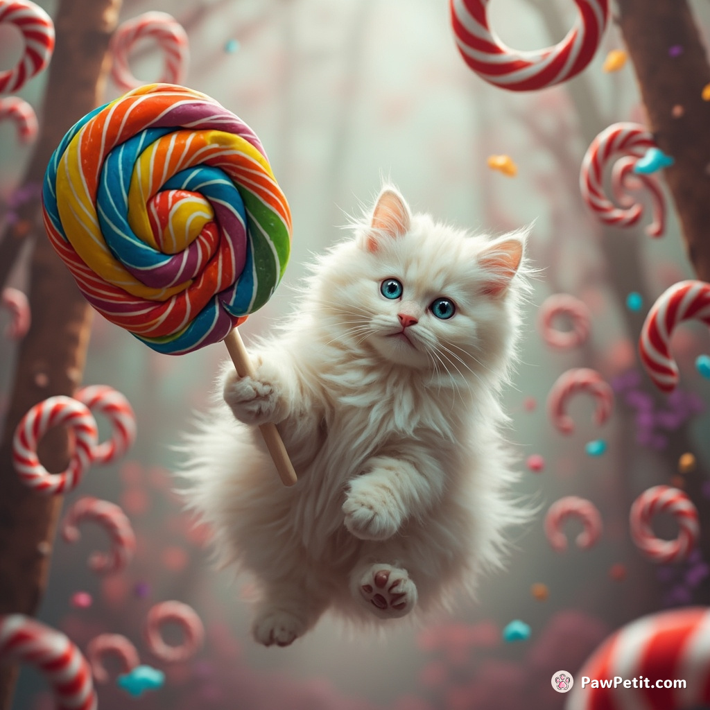 A cat levitating in a candy-cane forest, controlling giant rainbow lollipop with its mind