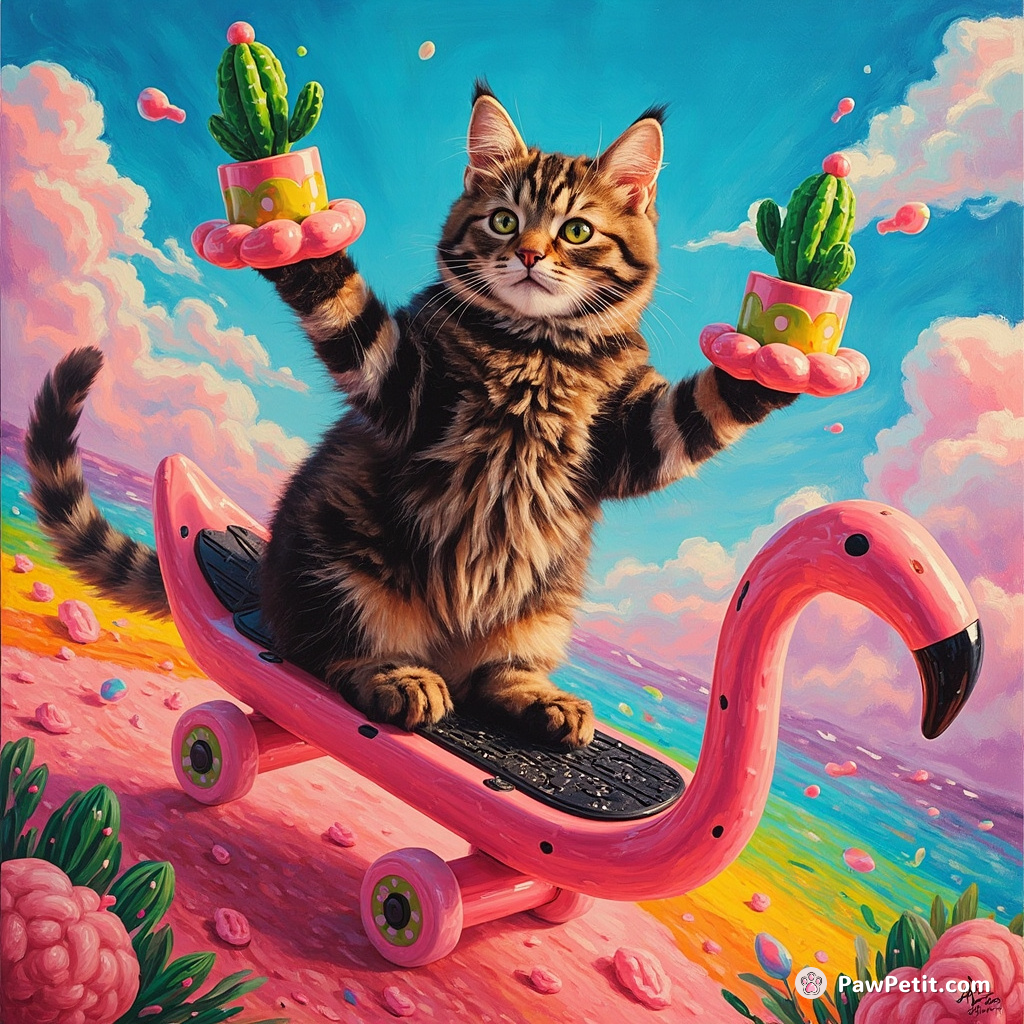 A tabby cat in vivid neon colors riding on a flamingo-shaped hoverboard while juggling mini cactus plants over a rainbow gumdrop meadow.