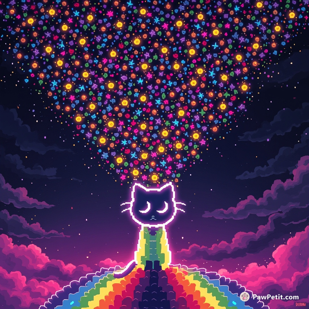 Neon glowing cat with crescent moon eyes stands at the end of a rainbow, hurling thousands of miniature suns into kaleidoscopic space.