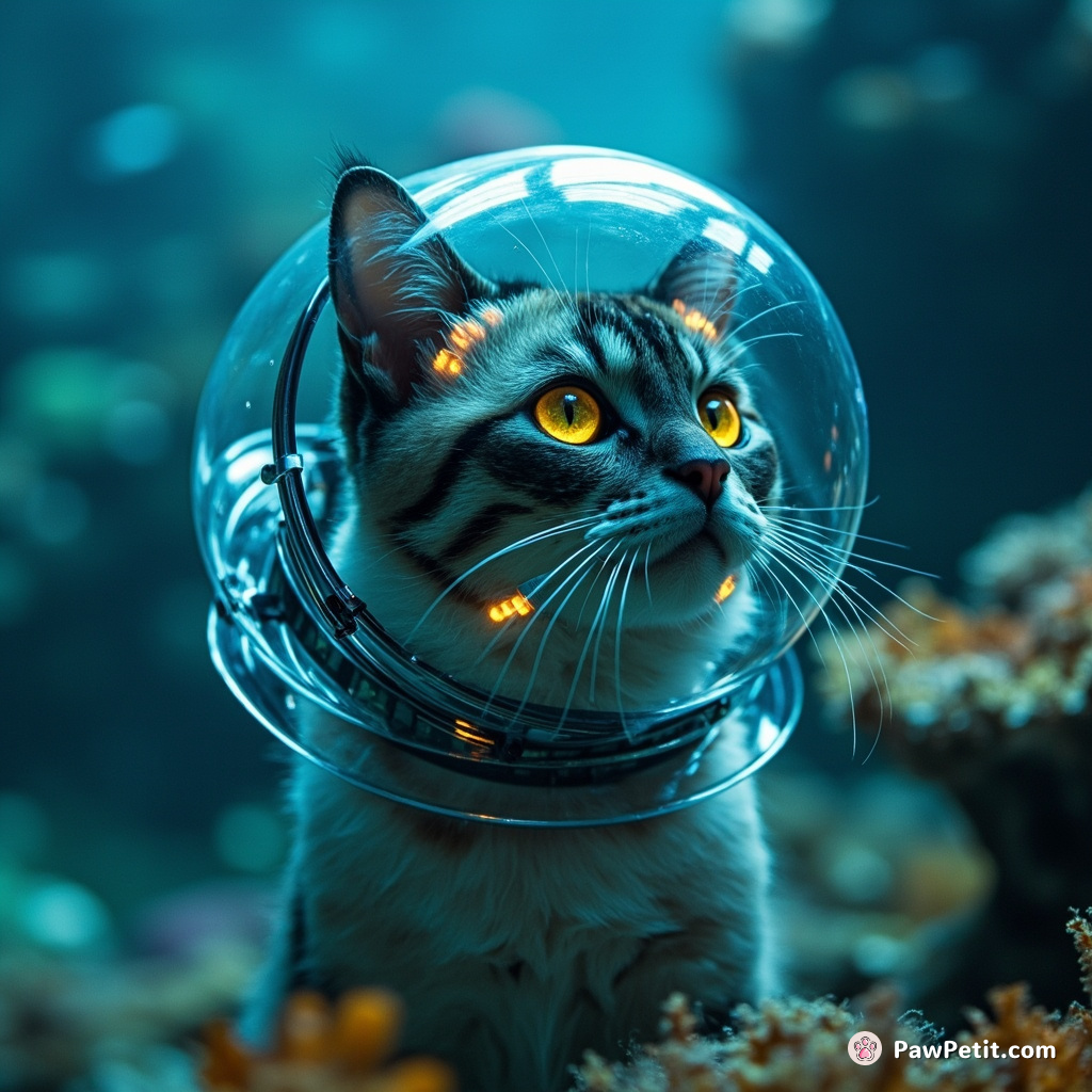 Cybernetic cat observing an undersea kingdom from inside a transparent sombrero.