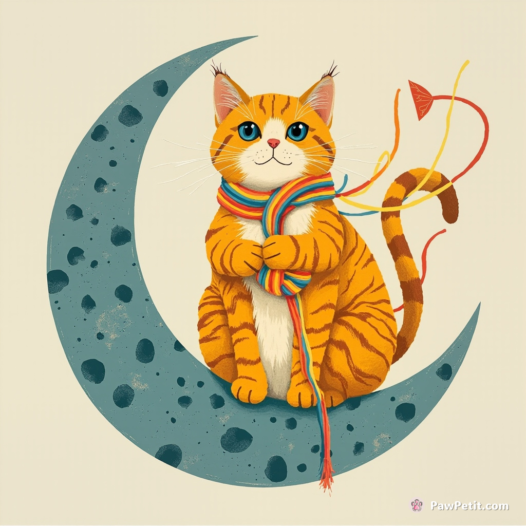 A regal cat braiding its golden fur with threads of rainbow on a moon made out of blue cheese.