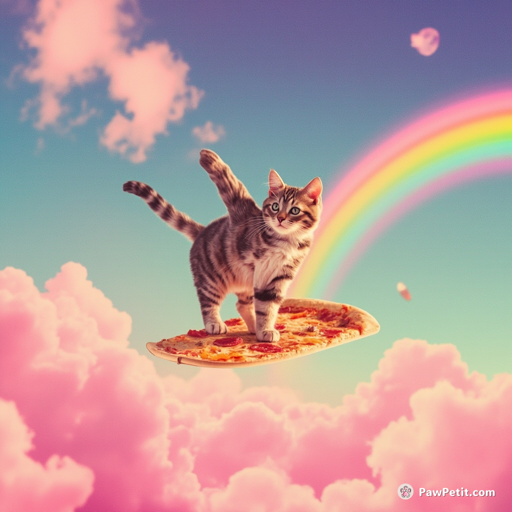 A cat surfing on a flying pizza slice in a rainbow sherbet sky.