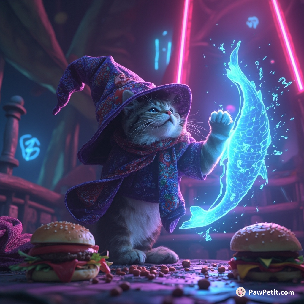 Astral wizard cat conjuring a neon fish-spell inside an interdimensional vegan cheeseburger fortress.