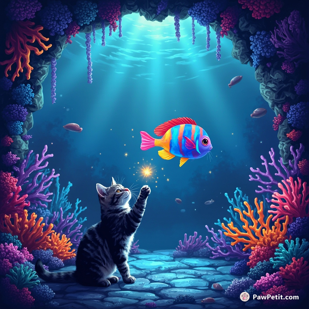 Cat performing a magic trick to levitate a rainbow fish in an underwater cave with neon corals.