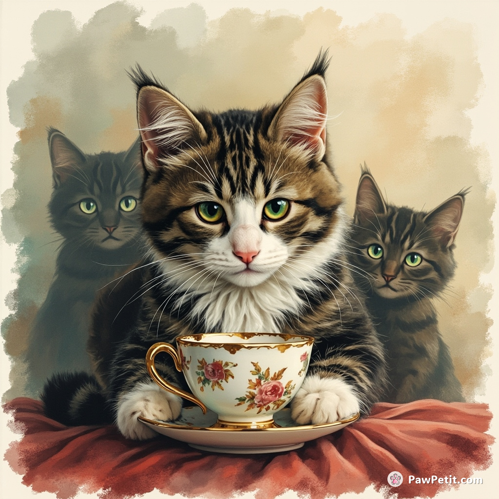 Victorian era cat sipping from an ornamental teacup, shadows around him conspiring planning a grand heist.