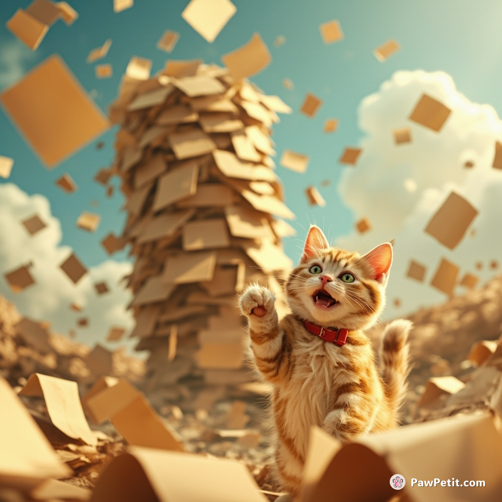In its struggle for freedom, the cat wildly launched itself towards a looming paper tower, toppling it instantly.