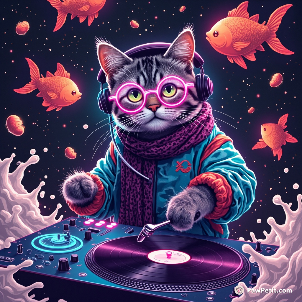 A neon cat DJ spinning vinyl records amidst a groovy milk and fish disco party.