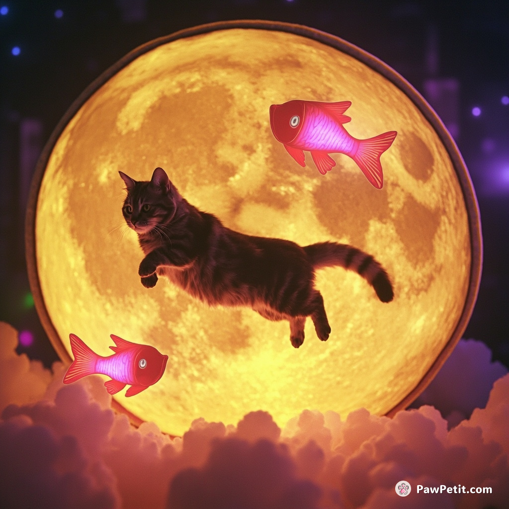 Cat jumping over a luminous moon, made of swiss cheese, chasing neon fish shooting out of comets with caramel tails.