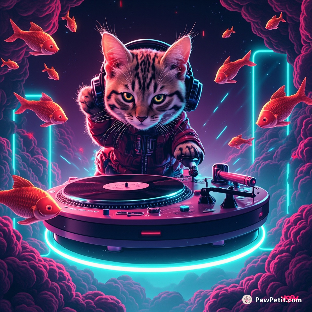 Cyberpunk cat DJing on a floating turntable in zero gravity, surrounded by neon fish.