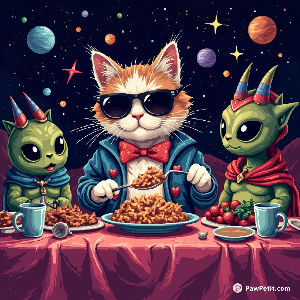 Cat hosting an intergalactic feast for an alien league, serving cosmic tuna casserole.