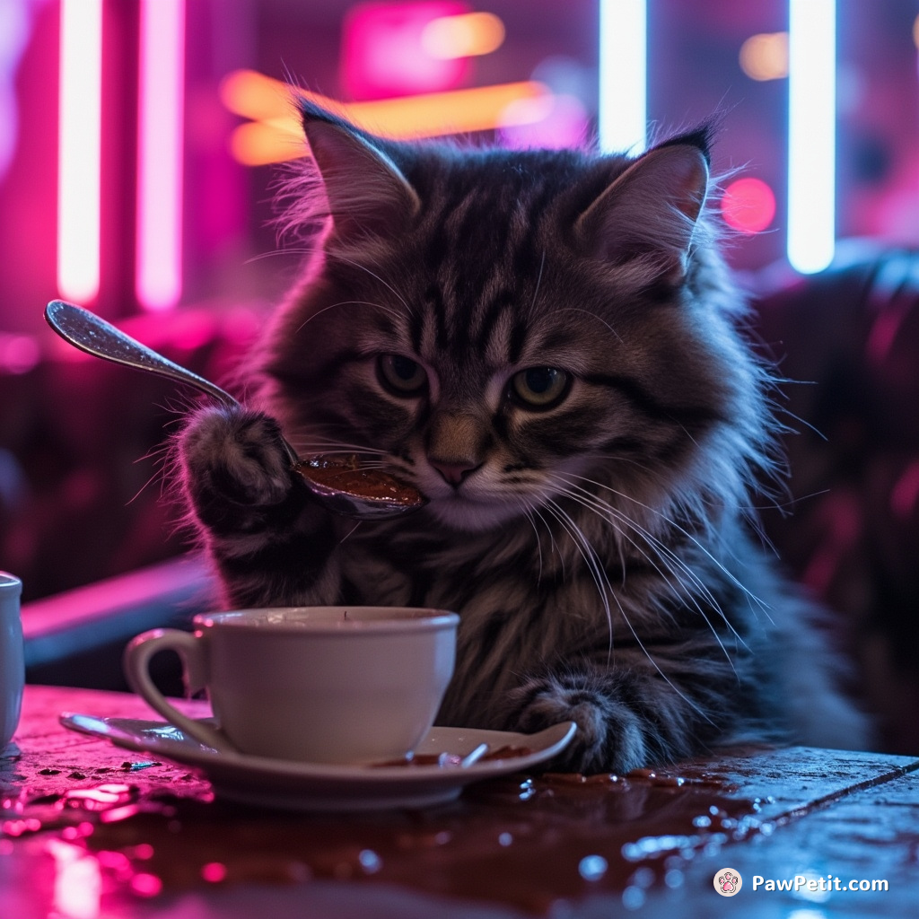 Wielding a spoon, cat attempts to sip tea believing human success quantified by parlor etiquette; spills and frets over mess.
