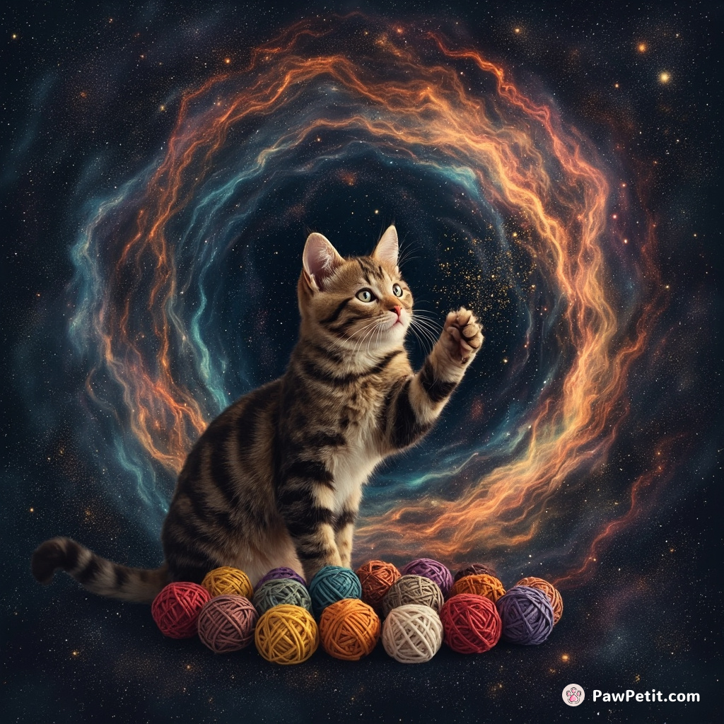 A cosmic Abyssinian cat creating a glittering constellation of yarn balls against the edge of a swirling multicolored nebula.