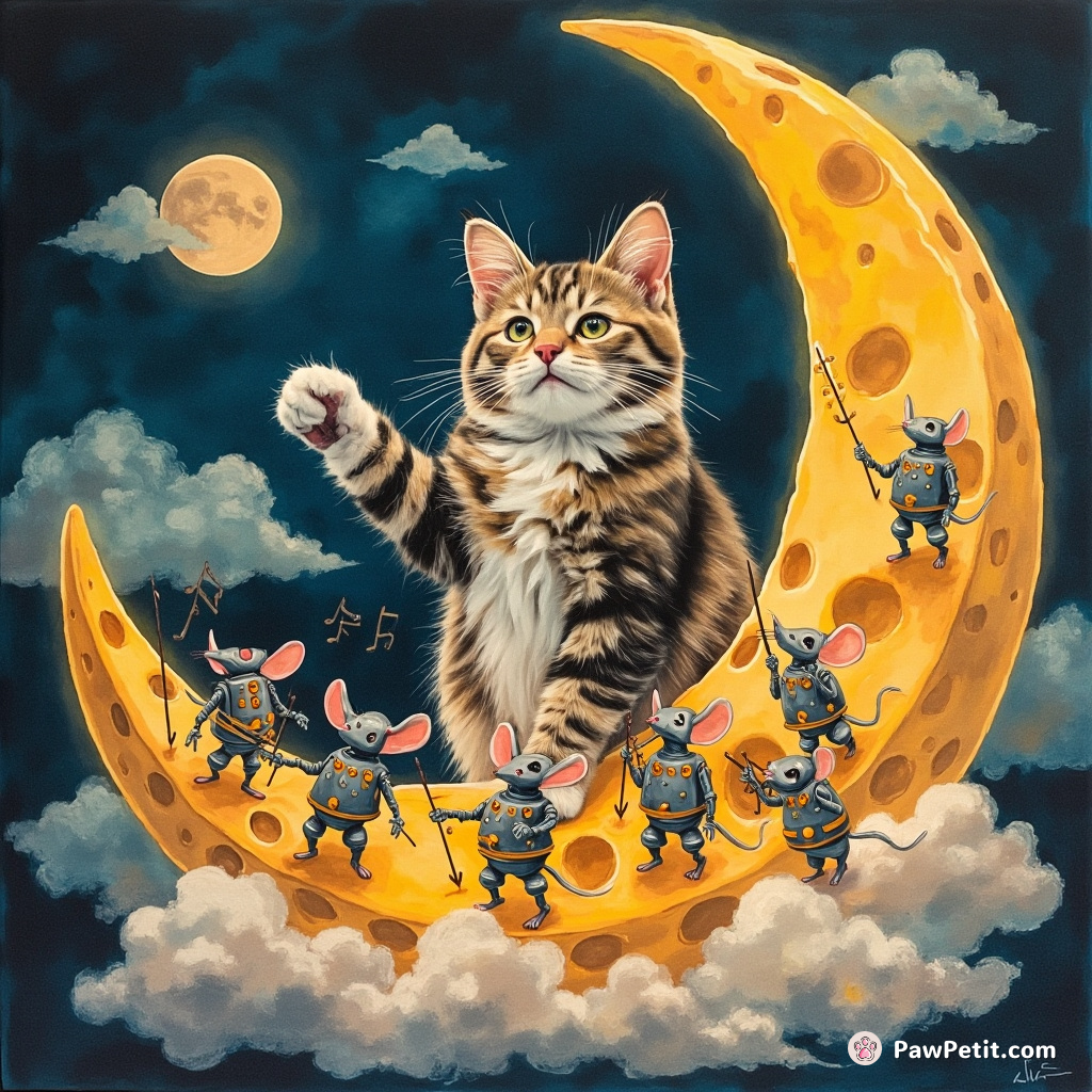Neon tabby cat conducting a symphony orchestra of robot mice on a floating cheese moon.