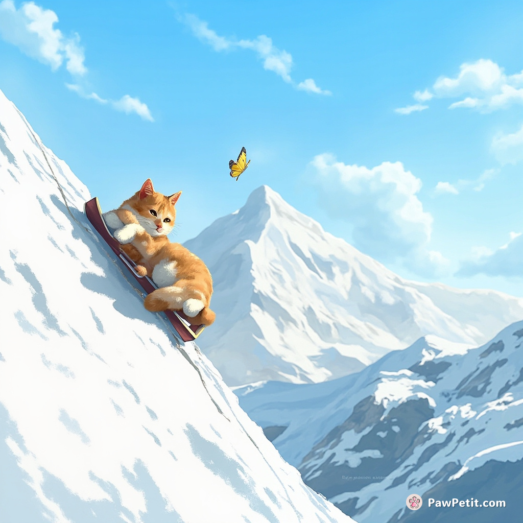 Cat scales Everest, but gets distracted by a butterfly and slides down on its belly like a sled.