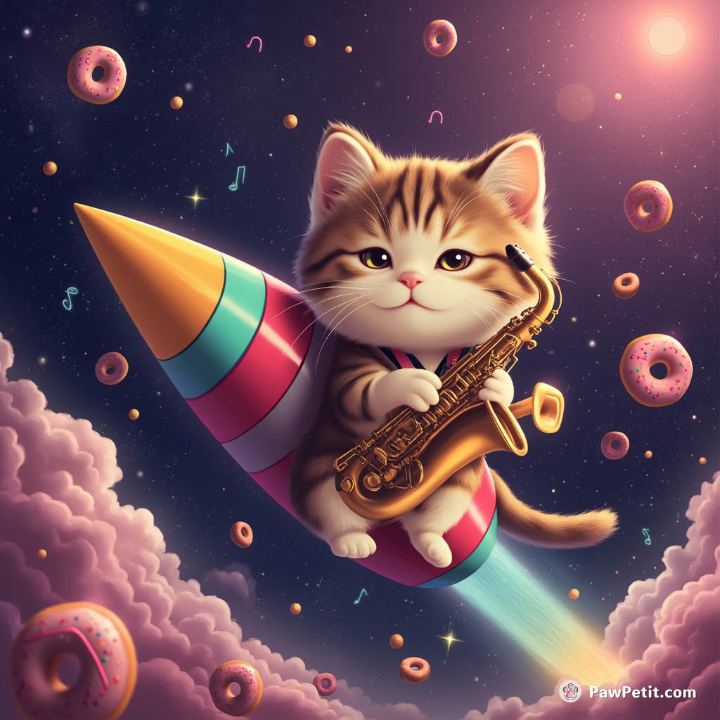 A cat propelling a rainbow-coloured rocket through a cosmos sprinkled with donuts, all while playing jazz music on a saxophone.
