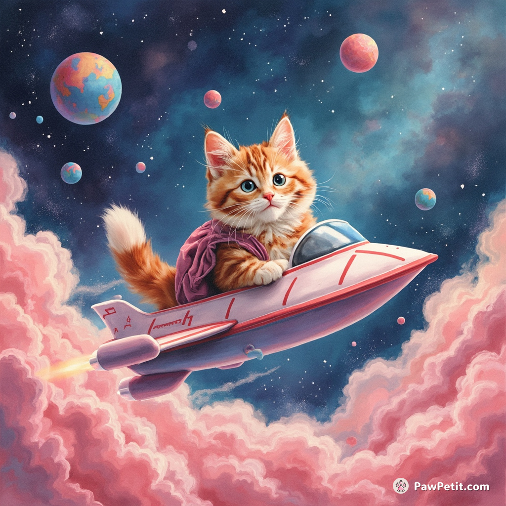 A cat piloting an alien spaceship through a bubblegum nebula.