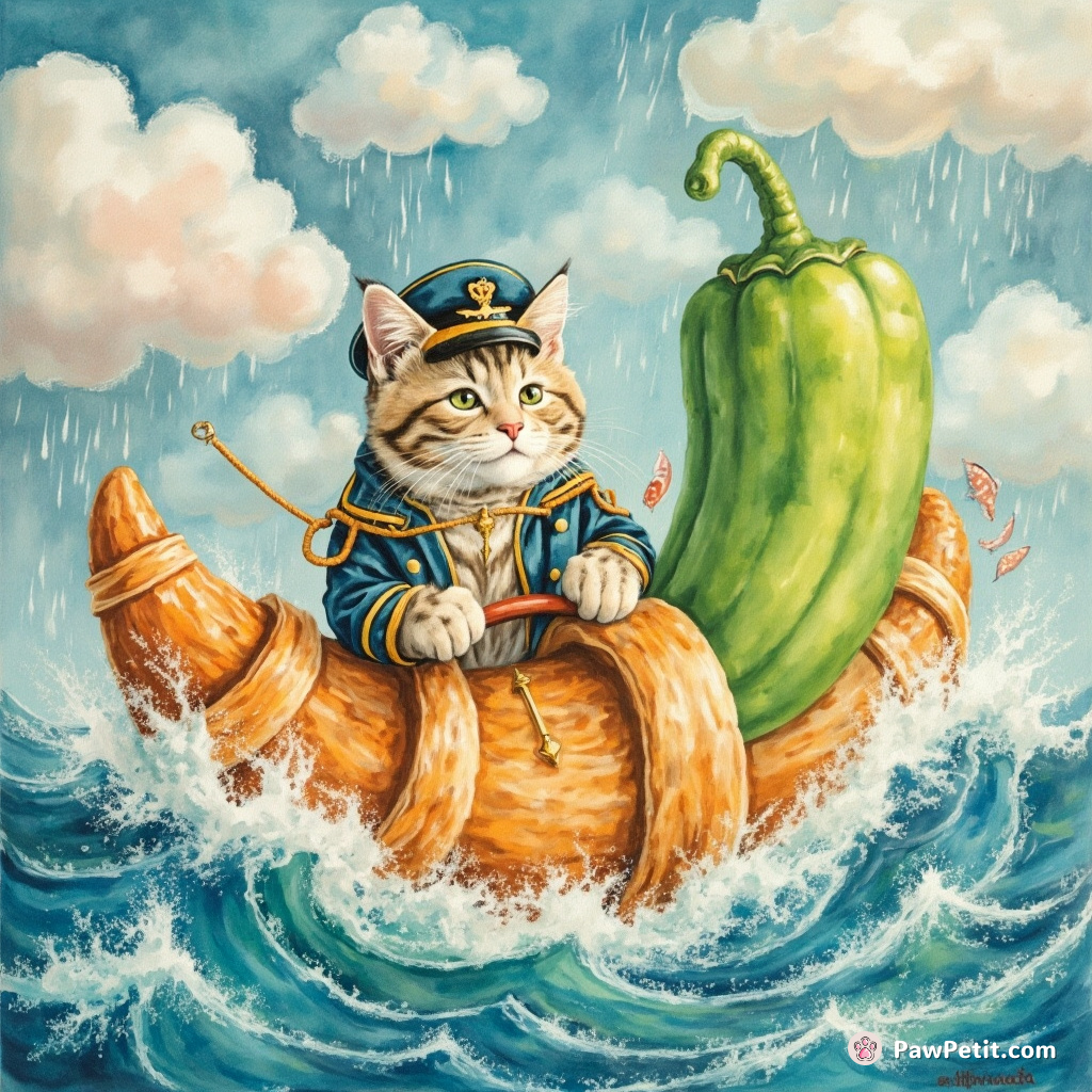 A tabby cat capitain steering a giant jalapeno through an ocean of croissant waves, caught in a cotton candy storm of fish-flavored rain.
