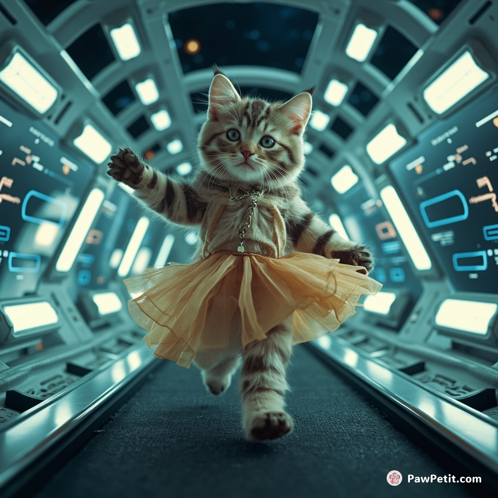 Purrs echoing, Galaxy twirled through zero-gravity treadmills in the spaceship, balletically swiping at floating computer holograms.