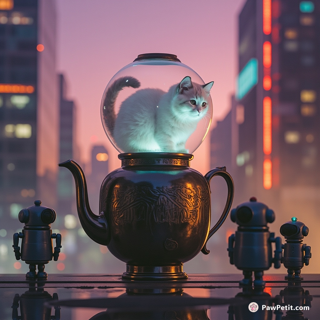 A ghost cat levitating inside an antique teapot, guarded by mini robots in a futuristic cityscape at dusk.