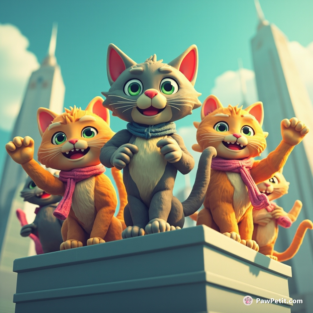Feline leaders convene atop skyscrapers, orchestrating world domination with a wave of a paw.