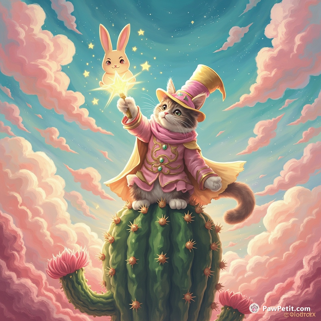 A magician cat performing a rabbit summoning spell from atop a pearl studded cactus in an iridescent desert under cotton candy sky.