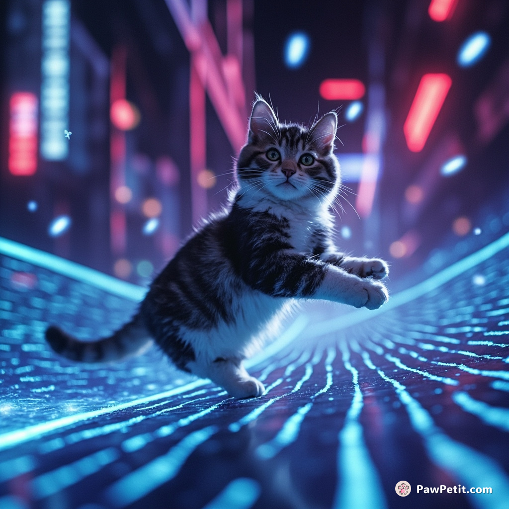 In the virtual realm, the cat weaves through shimmering data streams, pouncing on digital fireflies.