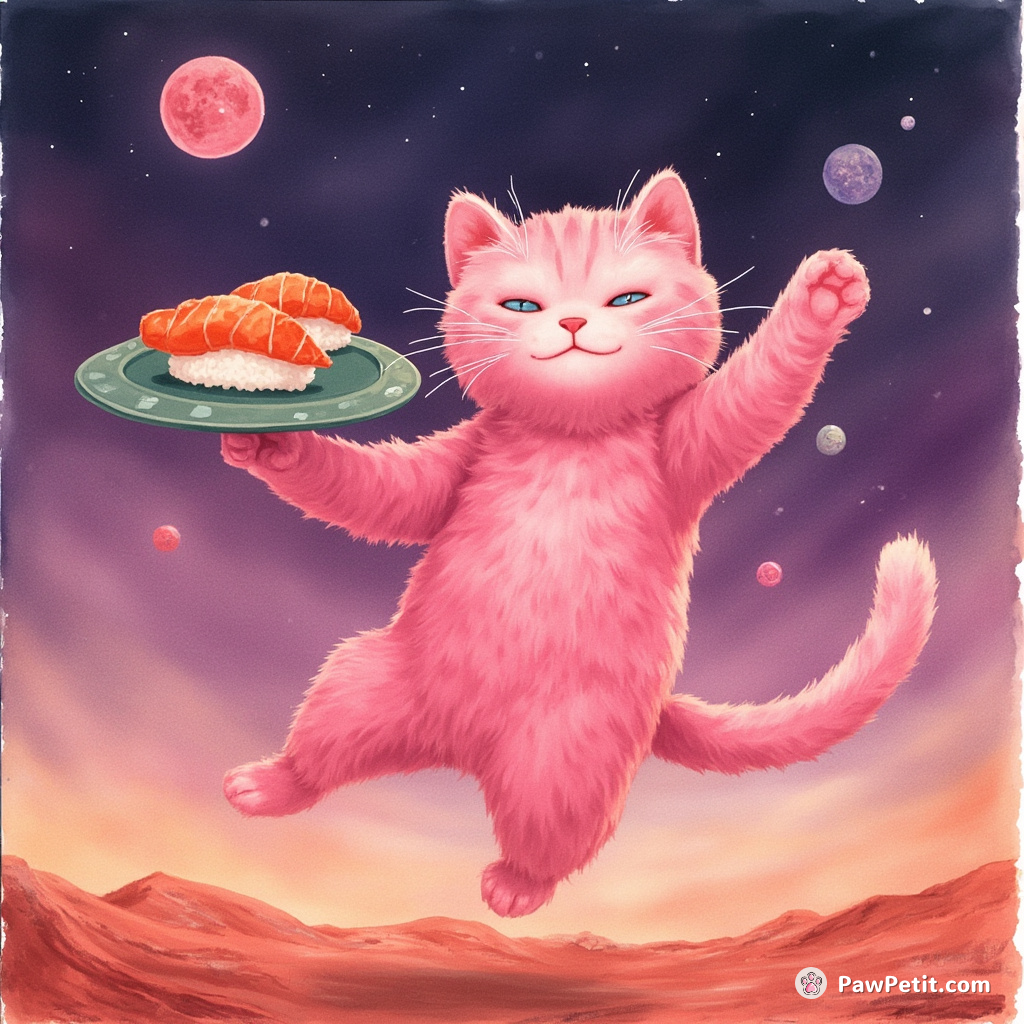 A neon-pink cat levitating a sushi platter with telekinetic powers, on Mars.