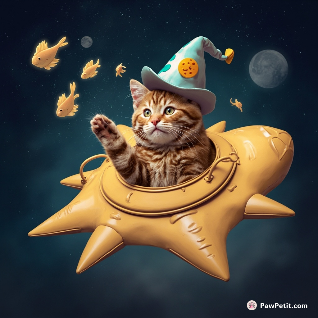 Ginger tabby cat on a star-shaped spaceship embarking lunar cheese, juggling glowing cosmofish, hat made of dreams changing based on viewer's moods.