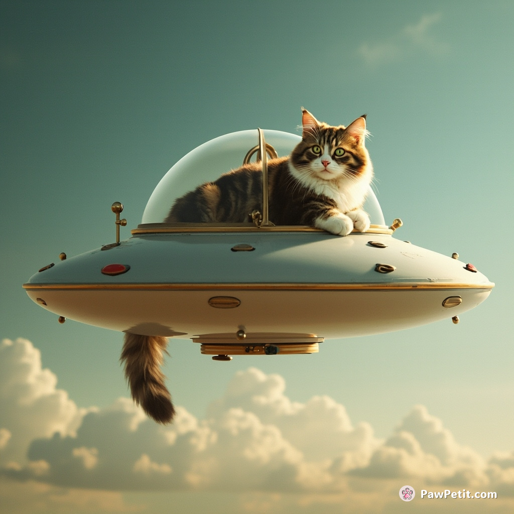 A cat pilots a colossal, floating saucer, using its tail to flick the ignition switch.