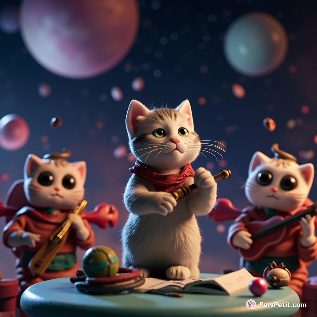 Cat conducting a meow symphony in outer space with alien musicians.