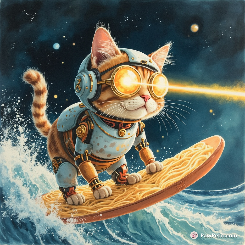 A cyborg cat with glimmering laser eyeballs surfing a wave of spaghetti in outer space.