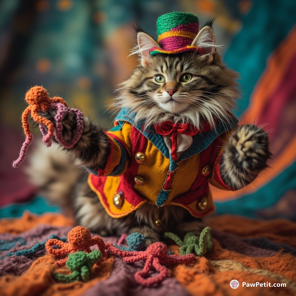 A cat in a circus ringmaster outfit taming tiny alien octopuses, on a planet made of yarn.