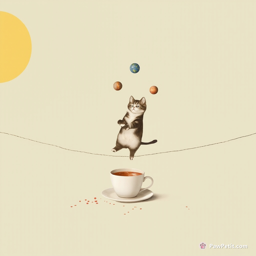 Cat juggling miniature planets on a tightrope above a giant cup of boiling tea.