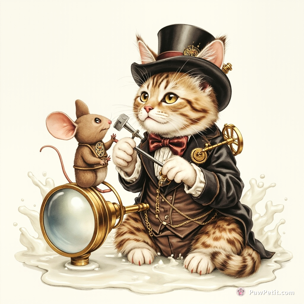 Steampunk cat in full Victorian attire, fixing a clockwork mouse with tiny wrench and screwdriver, atop a giant monocle floating on a sea of milk.