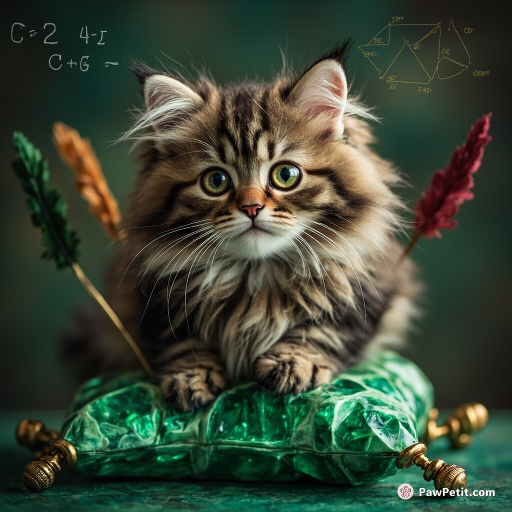 A steampunk cat balancing on a emerald crystal pillow, solving quantum equations simultaneously with hunter green and rouge quills.