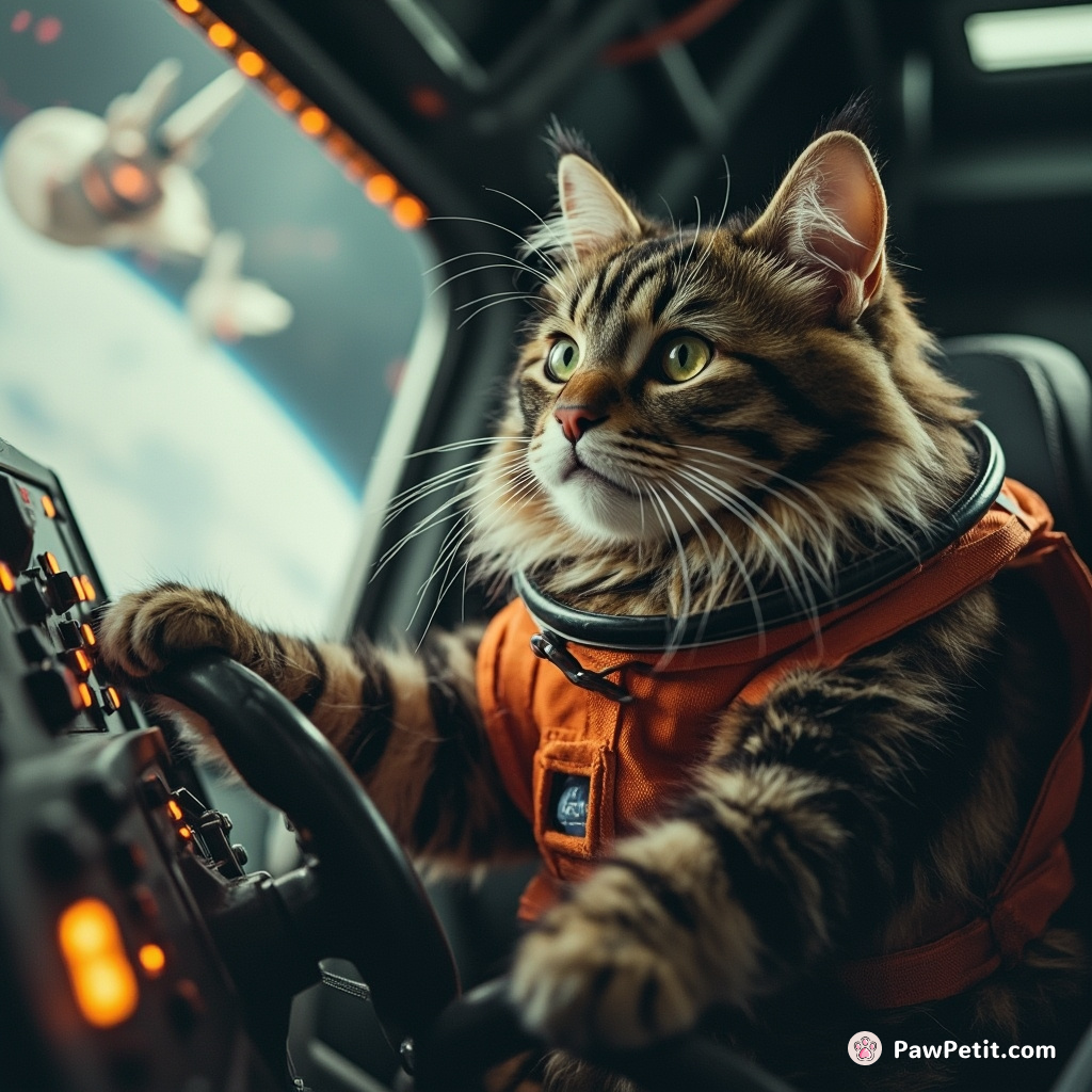 Infiltrating NASA, a cat confidently steers the spaceship, believing its paws surpass human capabilities.