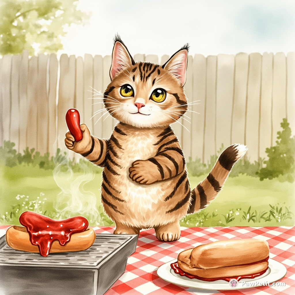 Mischievous tabby strutting across backyard BBQ–swipes hot dog off grill, proudly wearing ketchup goatee. Major accomplishment for her!