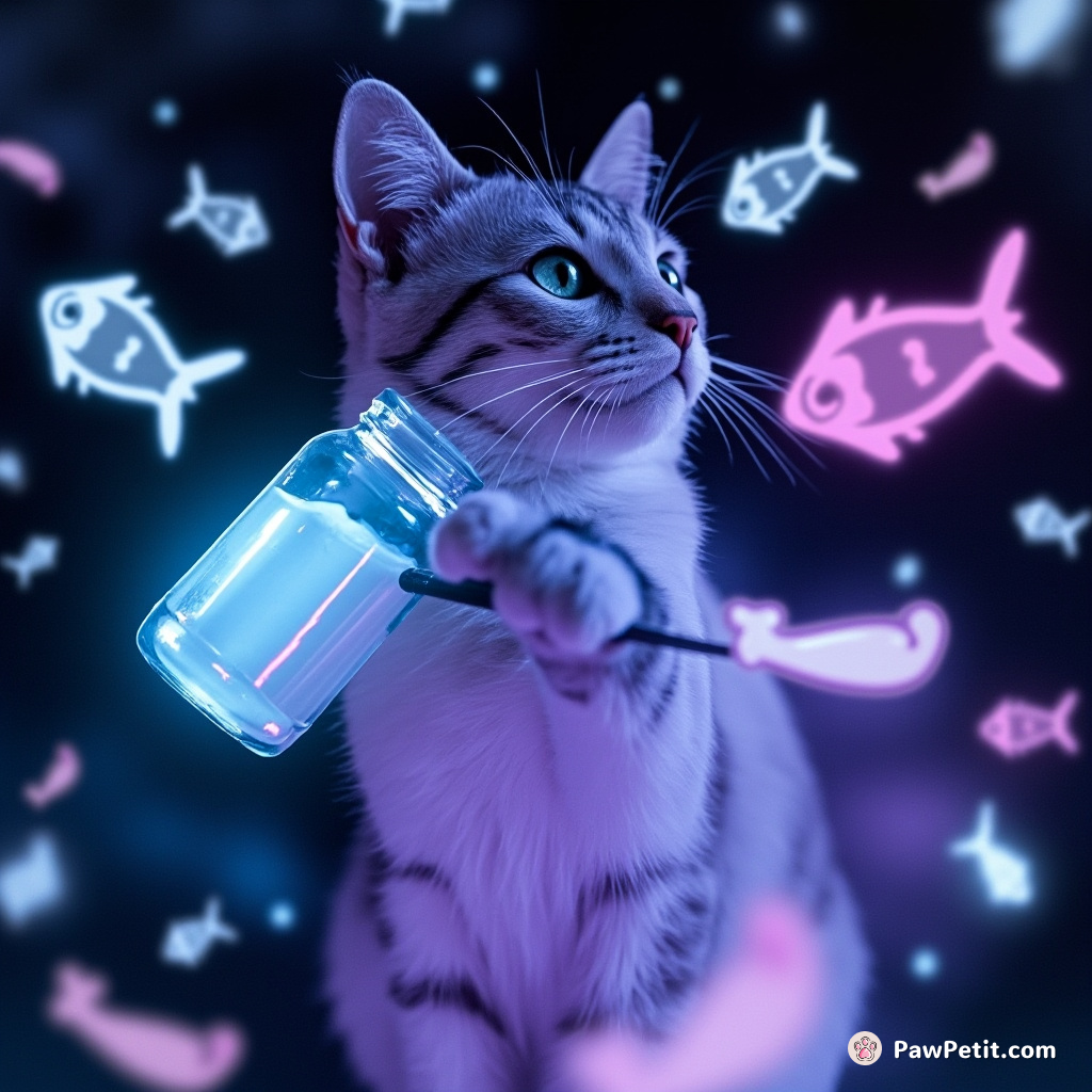 Cat conducting an ethereal symphony, using a glowing milk bottle as a baton, surrounded by spectral fish-shaped notes.