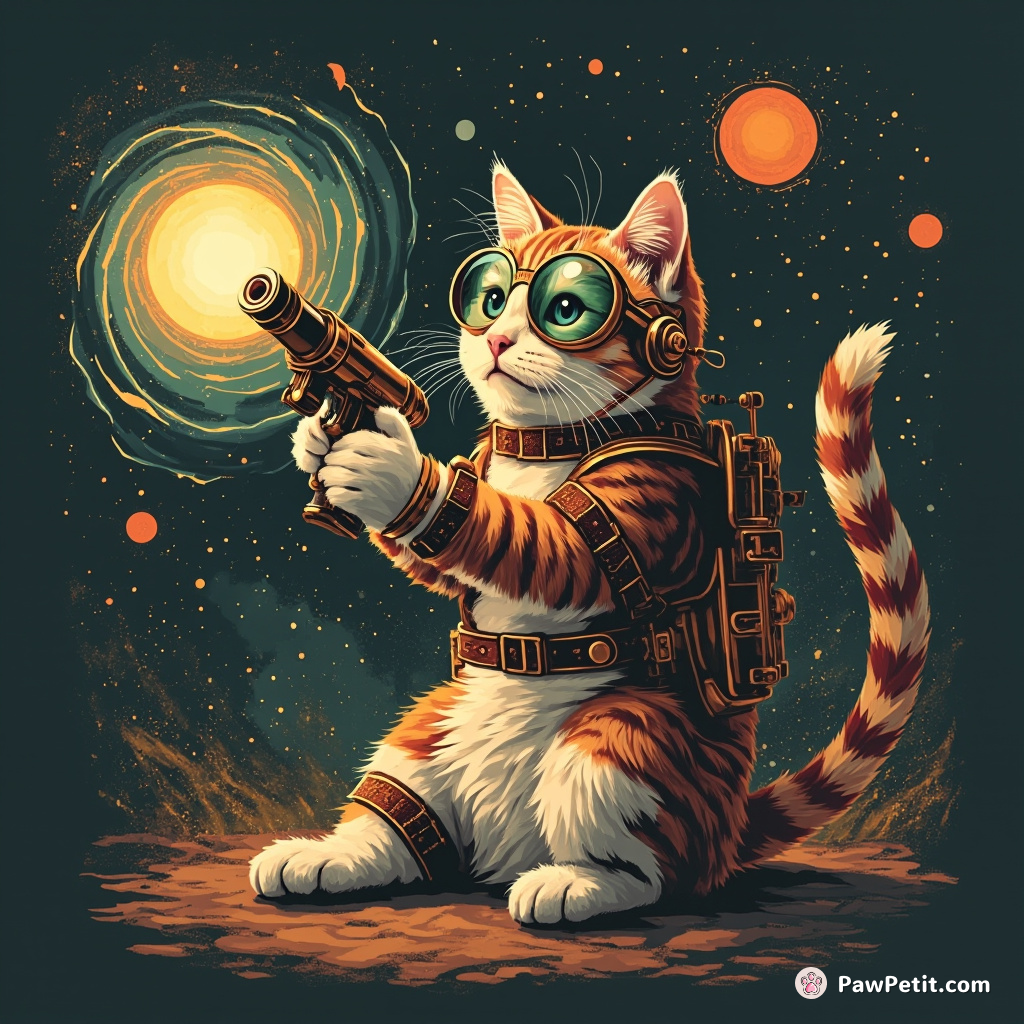 Steampunk cat tinkering with a portal gun, amidst swirling cosmic energies.