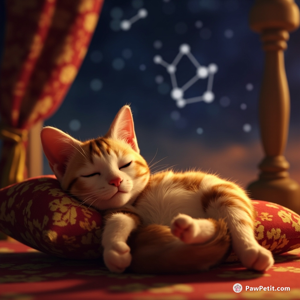 Cat naps on royal pillow, mistaken for prophesied hero due to ancient cat-shaped constellation alignment.