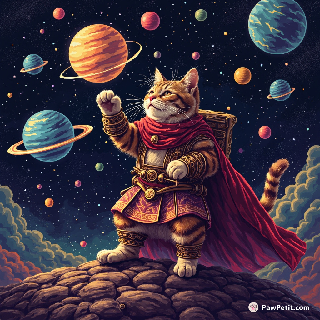 Cat reenacting the Epic of Gilgamesh in outer space.