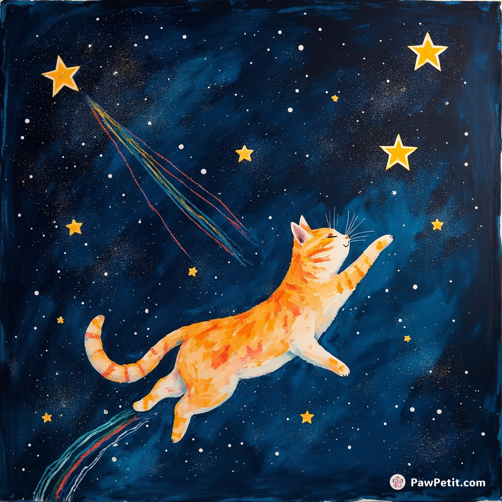 A cat speed painting stars into the cosmos with rainbow comet dust.