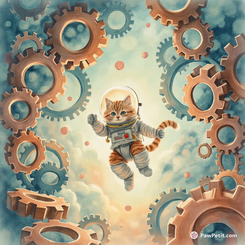 The feline astronaut sprung, skillfully shifting through jumbled alien gears, ballet in zero gravity.