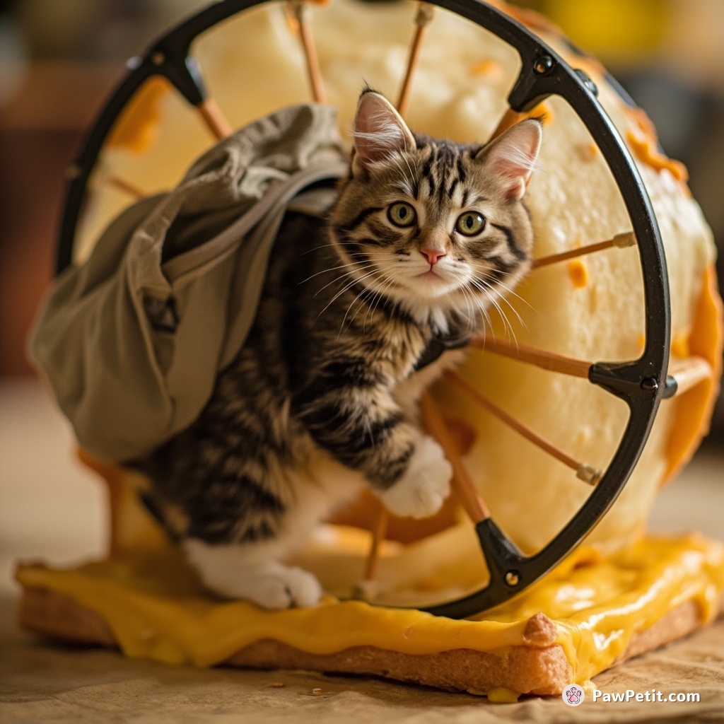 Cat wearing overstuffed backpack while scaling a monolithic grilled cheese sandwich in an ability testing hamster wheel.