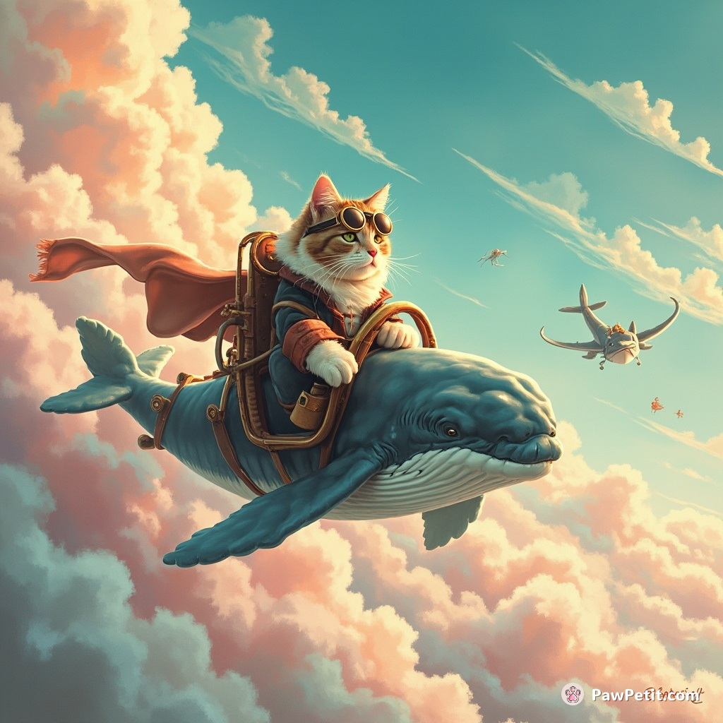 Steampunk cat pilot navigating sky whales in a cotton candy cloud sea.