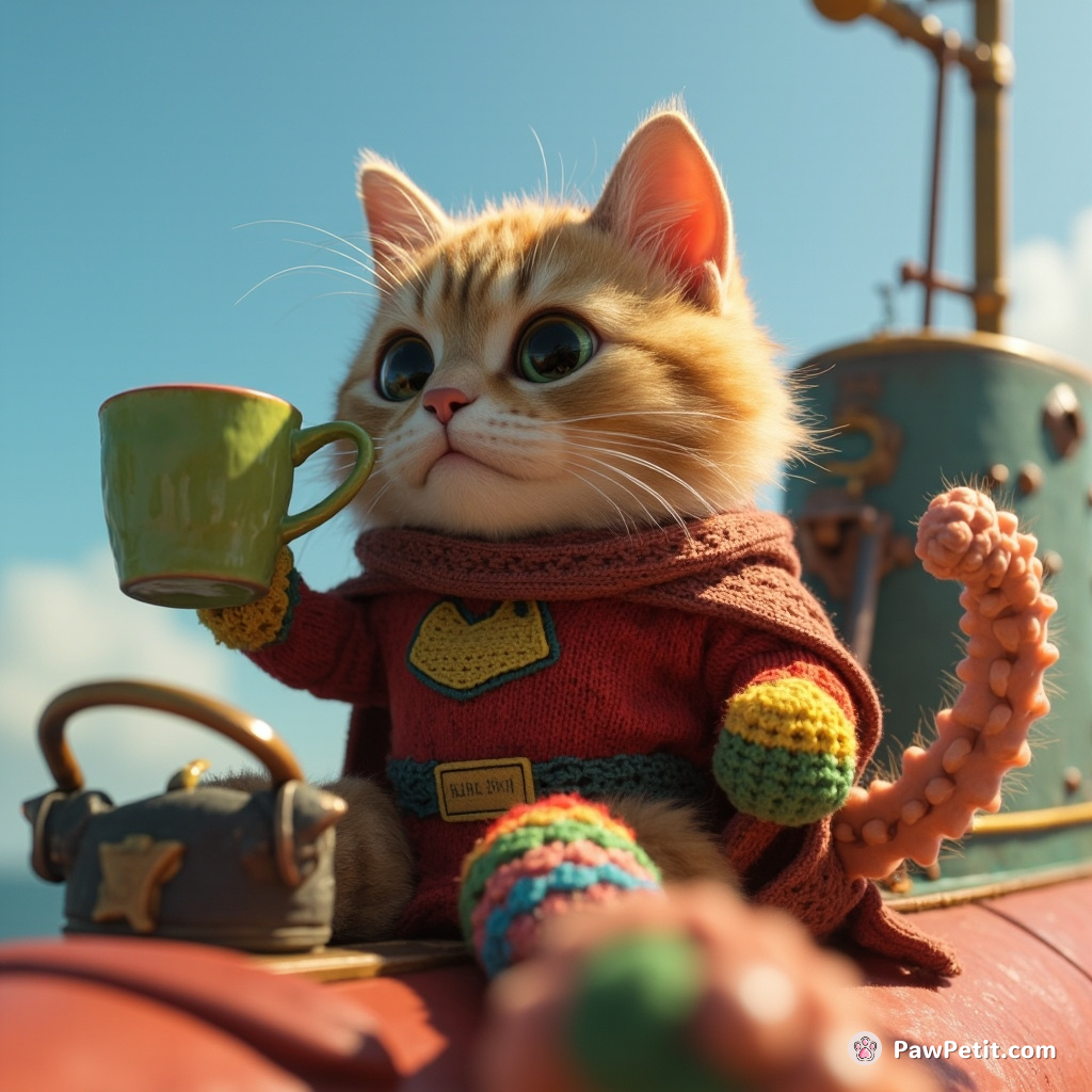 Feline superhero commandeer a giant octopus-built submarine, while sipping green tea and knitting rainbow socks.