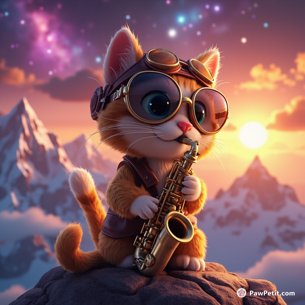 A steampunk cat playing a saxophone, wearing aviator goggles on top of the Swiss Alps during a galaxy sunset.