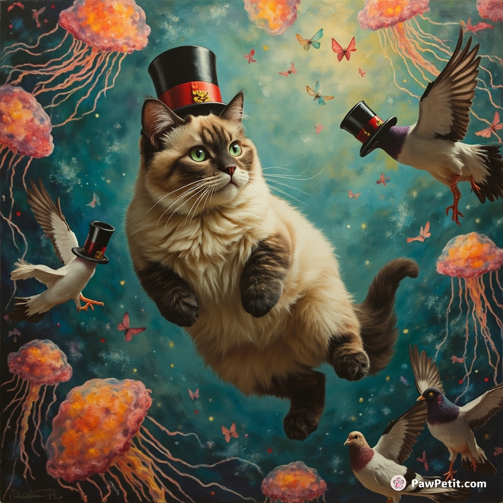 April Fools' Party with a Siamese cat floating in zero gravity among rainbow jellyfish, project-managing magician pigeons performing hat tricks.